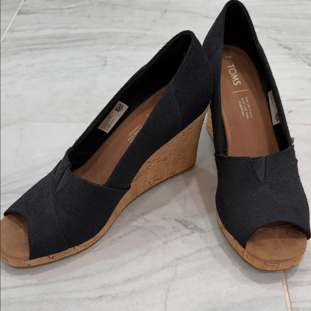 TOMS Black Peep-Toe Wedges